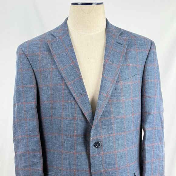 Paul Fredrick Linen Blazer Sport Coat Mens Size 43R Blue Plaid Jacket - Picture 5 of 16